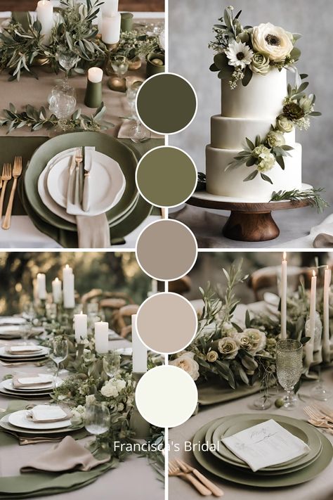 If you are looking for ideas to help you create your dream wedding color palette, then check out these beautiful olive green and taupe wedding color ideas to help inspire you!! | Wedding color schemes | Wedding color palettes | Wedding theme | Wedding theme ideas | Wedding colors | Wedding color inspiration | Wedding color ideas | Wedding themes | Wedding colors unique | Fall wedding color ideas | Winter wedding color ideas | Spring wedding color ideas | Summer wedding color ideas | Navy Green And Champagne Wedding, Neutral Wedding Colors Palette, Neutral Pine Wedding Ideas, Neutral Earthy Wedding, Green And Taupe Wedding, Navy And Eucalyptus Wedding, Emerald And Champagne Wedding, Eucalyptus Wedding Color Scheme, Wedding Color Schemes Green