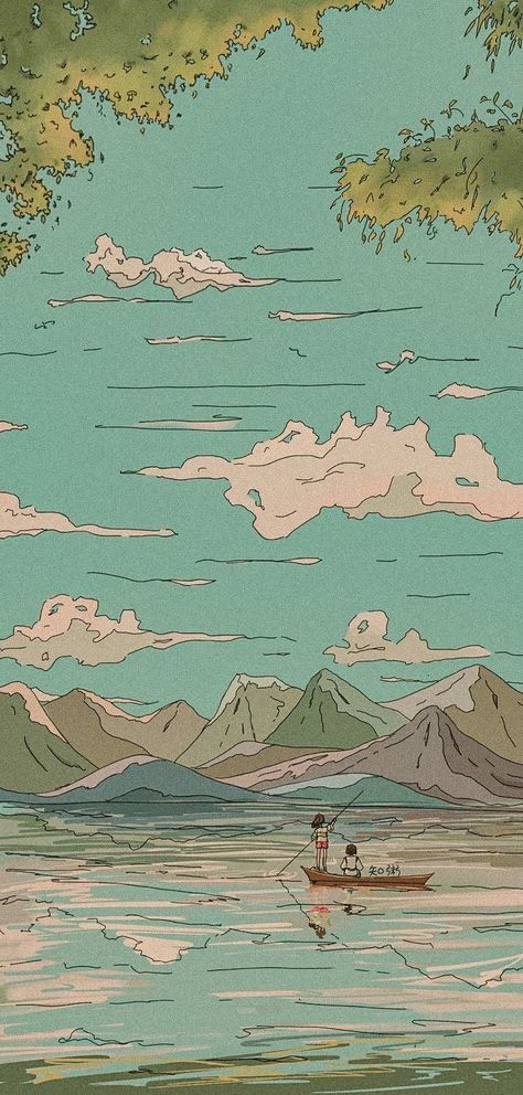 Anime Style Wallpaper Iphone, Anime Mountain Wallpaper, Aesthetic Mountain Drawing, Mountain Wallpaper Drawing, Aesthetic Green Wallpaper Anime, Boat On A Lake Painting, Anime Cottagecore Wallpaper, Adventure Core Wallpaper, Anime Mountain Background