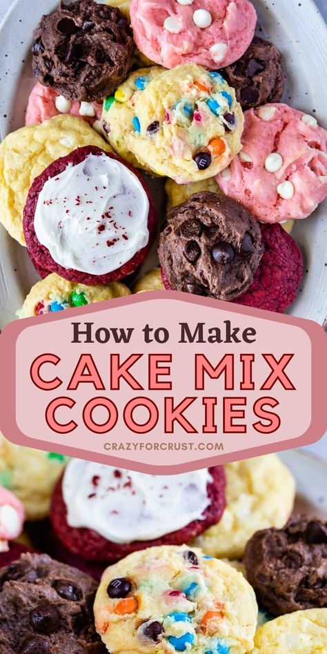 This post is all about how to make cookies out of cake mix! The options are endless! Cake Mix And Pudding Cookies, How To Make Cake Mix Cookies, How To Make Cookies Out Of Box Cake, Halloween Cake Cookies, Cake Mix To Cookies, Easiest Cookies To Make, Pudding Cake Mix Cookies, Bakesale Cookies, Cake Mix Pudding Cookies