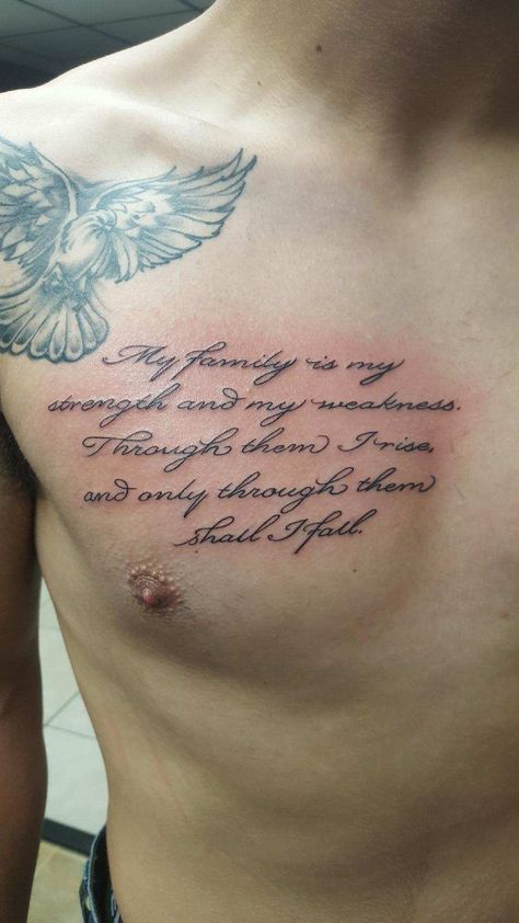 Chest Tattoo Writing, Chest Tattoo Quotes, Leg Sleeve Tattoos, Leg Tattoo Ideas, Rib Tattoos For Guys, Best Comics, Family Quotes Tattoos, Tattoo Quotes For Men, Verse Tattoos