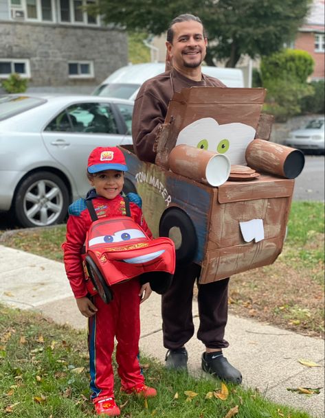 Family Cars Costume, Disney Cars Costume Family, Lightening Mcqueen And Mater Costume, Disney Cars Family Costume, Disney Cars Halloween Costume, Tow Mater Costume Women, Diy Lightning Mcqueen Costume, Cars Family Costume, Disney Cars Costumes