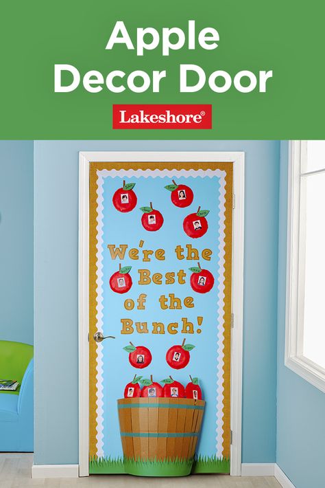 Apple Door Ideas For Classroom, Back To School Apple Theme, Apple Decorations For Classroom, Apple Preschool Bulletin Boards, Apple Bulletin Boards Back To School, Preschool Apple Bulletin Board Ideas, Apple Door Decorations Preschool, Apple Theme Classroom Door, Classroom Fall Door Ideas