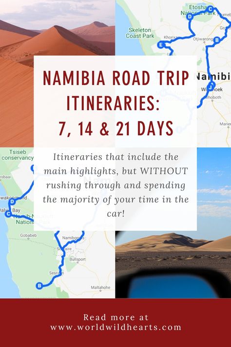 Are you planning a road trip around Namibia but you don't know where to go? Find in this blog post the ideal, adventurous, and RELAXED road trip itineraries for your 7, 14, or 21 day trip around Namibia. Unlike most itineraries, these include the main highlights WITHOUT rushing through and spending most of your time in the car!  #adventuretravel #africatravel #namibiatravel #roadtripitineraries #explorenamibia #selfdrivenamibia #namibiaby4x4 #bestplacestogonamibia #wheretogonamibia #highlights Namibia Itinerary, Travel Namibia, South Africa Itinerary, Africa Itinerary, Namibia Travel, Planning A Road Trip, Africa Adventure, Road Trip Map, Kenya Travel