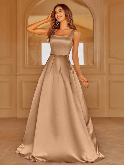 Champagne  Collar Sleeveless Satin Plain A Line Embellished Non-Stretch Spring/Summer/Fall Weddings & Events Vestidos Color Champagne, Gold Gowns Elegant Classy, Gold Gowns Elegant, Champagne Gold Bridesmaid Dresses, Latest Bridesmaid Dresses, Gold Bridesmaid Dresses, Gold Gown, Fall Weddings, Color Champagne