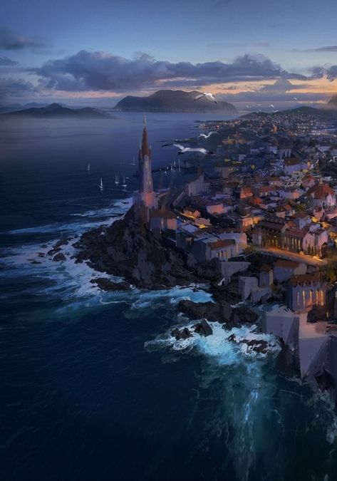 The amazing digital art Seaside Castle, Elven City, Amazing Digital Art, Fantasy Kingdom, Elven Queen, Fantasy Story Ideas, Temple City, City By The Sea, Fantasy Town