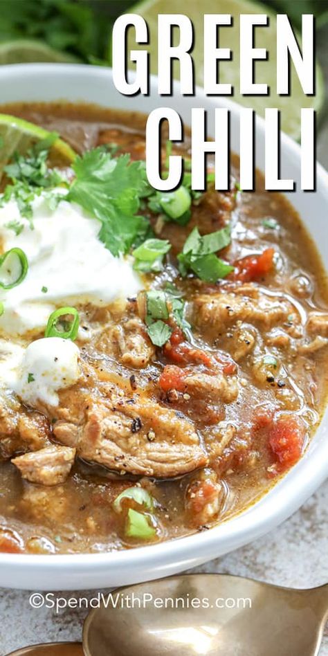 Green chili stew is a delicious, flavor packed recipe that is full of fresh cilantro, tart tomatillos, and spicy green chili peppers! It is the perfect fall dish to warm you up from the inside out! Try this classic recipe for your next supper and enjoy the spicy flavors of New Mexico! #spendwithpennies #greenchili #Mexicanrecipe #maindish #chilirecipe #soup Soup Using Ham, Leftover Ham Soup, Smoked Ham Hocks, Instant Pot Split Pea Soup, Instant Pot Split Pea, Green Chill, Best Pressure Cooker Recipes, Green Chili Recipes, Ham Hocks