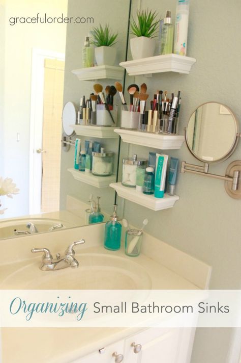 Have a small bathroom? Make your own Bathroom Storage Shelves. Bathroom Storage Ideas for Small Spaces; solutions for your everyday family. Bathroom Hacks and Tricks you wish you knew yesterday. Bilik Air, Bathroom Organization Hacks, Small Space Hacks, Decor Baie, Camper Interior Design, Small Bathroom Sinks, Bathroom Hacks, Bathroom Storage Solutions, Organisation Hacks