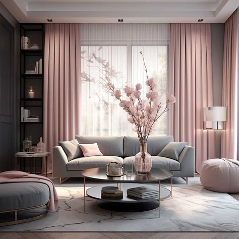 Grey And Pastel Living Room Ideas, Home Decor Pink And Grey, Blush Color Living Room, Pink Blue Gray Living Room, Dusty Pink And Grey Living Room, Pink Gray And Gold Living Room, Grey Color Sofa Living Room, Mauve Living Room Decor, Pink And Brown Decor Living Room