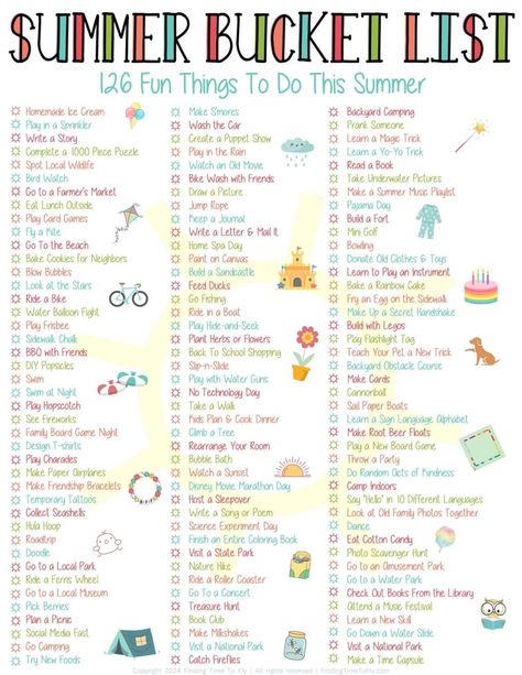 120 Summer Bucket List Ideas for 2024 (Free Printable) - Finding Time To Fly Summer Independent Activities For Kids, Bucket List Summer 2024, Summer 2024 Bucket List, Termination Activities, Summer Bucket List 2024, Summer List Ideas, Family Summer Bucket List, Fun Summer Activities For Kids, Kids Summer Bucket List