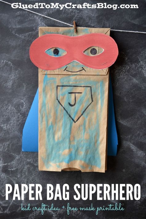 Paper Bag Superhero - Kid Craft Idea + Free Mask Printable Paper Bag Superhero, Superhero Preschool, Hero Crafts, Mask Printable, Superhero Crafts, Paper Bag Crafts, Superhero Classroom, Super Hero Theme, Superhero Kids