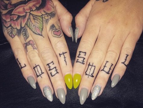 Finger Designs Tattoo, Fonts For Finger Tattoos, Lost Soul Finger Tattoo, Knuckle Tattoos Lettering, Hand Tattoos Words Lettering, Finger Tattoo Words Letters, Finger Tattoos For Women Letters, Women Knuckle Tattoo Ideas, Women’s Knuckle Tattoos