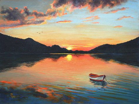 Sunset over a Mountain Lake - Acrylic Painting House Acrylic Painting, Lake Sunset Painting, Mountain Sunset Painting, Acrylic Sunset, Sunset Landscape Painting, Sunset Painting Acrylic, Sunrise Painting, Sunrise Art, Mountain Painting