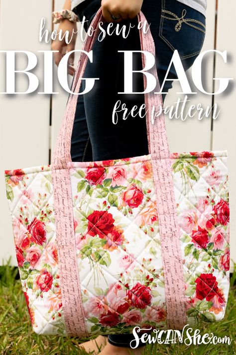 Quilted Grocery Bag Pattern, Quilted Totes And Bags Free Pattern, Diy Quilted Bag Pattern, Big Bag Patterns To Sew, Pre Quilted Fabric Projects, Big Bag Sewing Pattern, Free Quilted Bag Patterns, Tote Bag Pattern Free Printable, Quilt Tote Bags Patterns