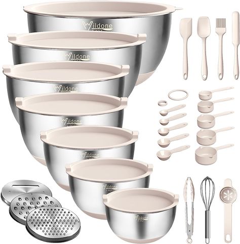 Mixing Bowls with Airtight Lids, 27 PCS Stainless Steel Nesting Bowls Set, with 3 Grater Attachments, Measurement Marks & Non-Slip Bottom, Size 5, 4, 3, 2, 1.5, 1, 0.63QT, Ideal for Mixing & Prepping Measuring Cups And Spoons, Stainless Steel Mixing Bowls, Spatula Set, Metal Bowl, Mixing Bowls Set, Nesting Bowls, Mixing Bowls, Kitchen Organizing, Kitchen Tools And Gadgets