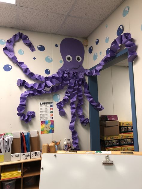 Ocean Classroom Theme #Octopus #crafts Under The Sea Octopus Decoration, Octopus Classroom Door, Octopus Decoration Classroom, Underwater Classroom Decor, Under Water Theme Classroom, Underwater Classroom Theme Under The Sea, Ocean Daycare Theme, Ocean Classroom Bulletin Boards, Underwater Themed Classroom