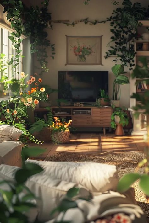 The living room is full of green plants and flowers. The TV is on ->> more details in ai-img-gen.com Green Apartment Aesthetic Living Room, Planty Living Room, Plants Around Tv, Living Room With Plants, Living Room Flowers, Plant Living Room, Plants Living Room, Plant Apartment, Room Plants