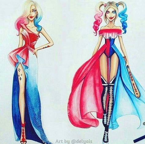 Harley QuinnⓂ on Instagram: “Which Harley dress do you prefer, Left or Right? - - - Art by @delyais #thecrazyones #suicidesquad #harleyquinn #joker #robbie #batman…” Creaturi Mitice, Harely Quinn, Harley Quinn Drawing, Harly Quinn, Harley Queen, Prințese Disney, Harley Quinn Comic, Harley Quin, Harley Quinn Art