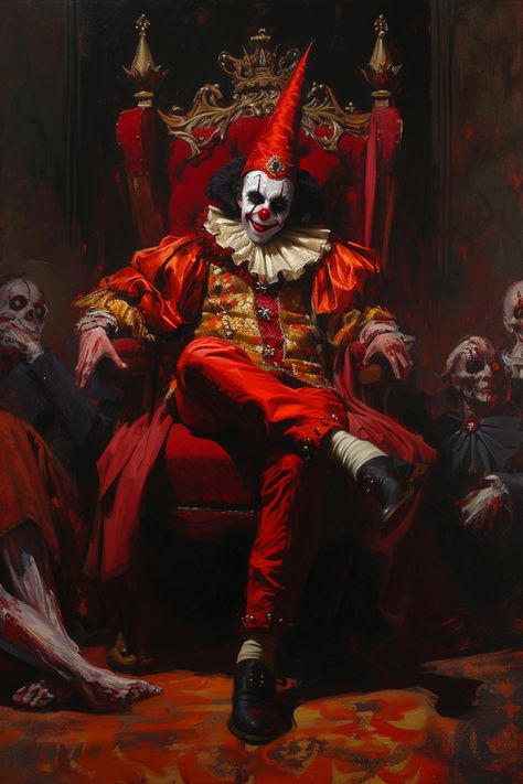 an evil medieval jester sitting on a red theatrical throne, looking powerful, surrounded by dead aristocrats, in the style of classical oil painting Medieval Jester Aesthetic, Clown Wallpaper Aesthetic, Demonic Aesthetic, Dark Circus Aesthetic, Creepy Jester, Scary Jester, Evil Painting, Evil Pose, Dark Jester