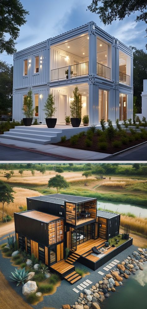 Eco-Friendly and Stylish Container Houses You'll Love Container Shops Ideas, Interesting Houses Architecture, Container House Design Large, Tiny Home Shipping Container, Tiny Home Container, Simple Container House Ideas, Container Buildings Ideas, C Shape House, Two Story Container Home