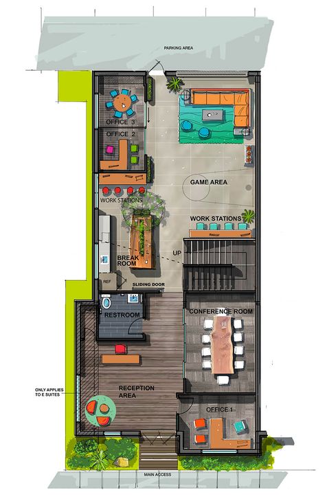 Office Interior Layout Floor Plans, 1000 Sq Ft Office Design, Sales Office Plan, Office Park Architecture, Office Plan Render, Small Office Floor Plan Layout, Small Office Plan Layout, Modern Office Layout Plan, Office Layout Plan Corporate