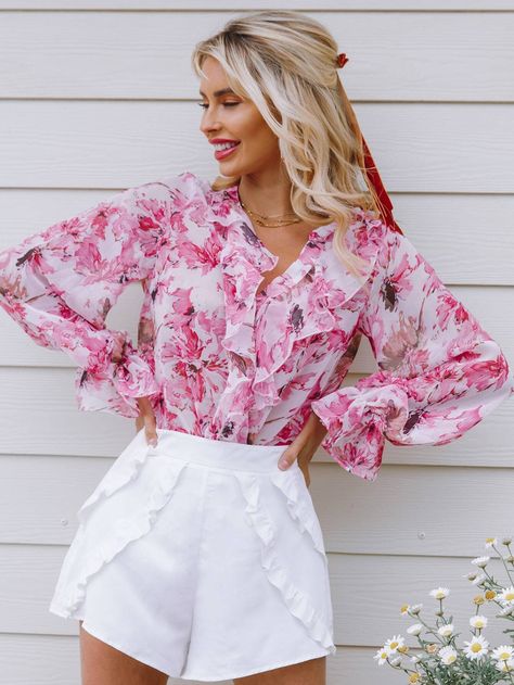 Ruffle Trim Floral Top Floral Blouse Outfit, Silk Shirt Outfit, Summer Blouse Outfit, Special Clothes, Tops Fall, Women Blouses, Floral Print Tops, Plus Size Womens Clothing, Long Blouse