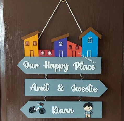 To get your customized nameplates done, contact us on our Instagram profile page @elemental_studioart Home Nameplate Ideas, Handmade Nameplate Ideas, Diy Nameplate Ideas, Nameplates Design Ideas For Home, Name Plates For Home Diy, Nameplate Diy, Nameplate Ideas, Instagram Profile Page, Foyer Designs