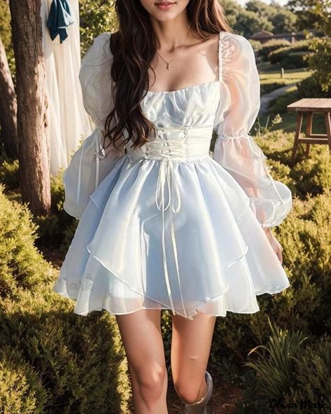 OliviaMark - Elegant Bubble Sleeve Dress featuring a Delicate Puffy Skirt and Waist Tie Bubble Sleeve Dress, Girls Spring Fashion, Puffy Sleeve Dress, Tea Party Outfits, Dress With Puffy Sleeves, Puffy Skirt, Puffy Dresses, Kawaii Dress, Bubble Sleeve