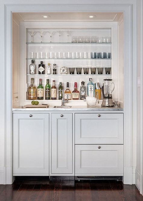 25 Creative Built-In Bars and Bar Carts Ideas De Mini Bar, White Bar Cabinet, Built In Bar Cabinet, Bar Cabinet Design, Bar Nook, Coin Bar, Closet Bar, Mini Bars, Built In Bar