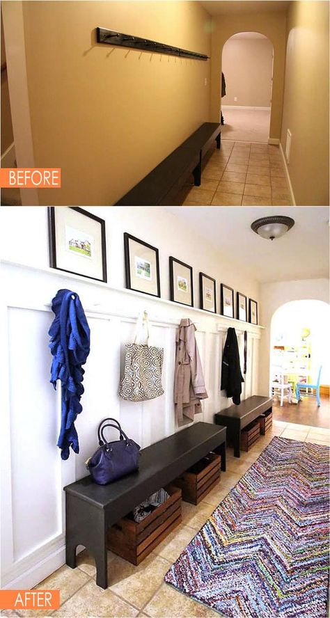 20-entryway-before-after-apieceofrainbowblog (13) Apartment Entryway Ideas Narrow Hallways, Narrow Hallways, Tiled Hallway, Narrow Hallway Decorating, Hallway Bench, Entryway Runner, Apartment Entryway, Trendy Apartment, Tshirt Rug