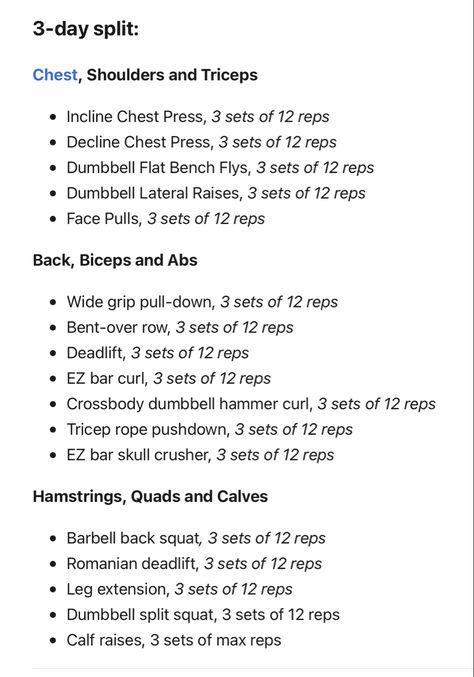 3 day split workout plan with muscle group combinations per day. Gym Day Split, Workout Split Schedule Women, Workout Schedule Split, Workout Schedule 3 Day Split, Full Body Workout At Gym 3 Days, Gym Schedule For Women 3 Day, 2 Day Split Workout Gym, 3 Day Gym Split Schedule Women, Two Day Workout Split