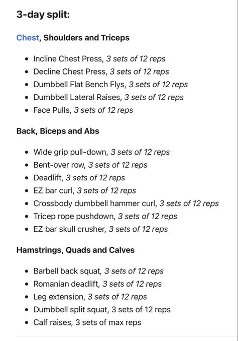 3 day split workout plan with muscle group combinations per day. Gym Day Split, Workout Schedule Split, Gym Workout 3 Days A Week, Full Body Workout At Gym 3 Days, Gym Schedule For Women 3 Day, 3 Day Gym Split Schedule Women, Two Day Workout Split, 3 Day Exercise Plan, Workout Split Beginner Women