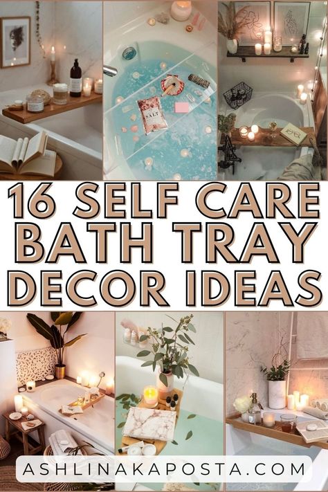 16 cozy and glam bathroom tray decor ideas for your next at home spa day — ASHLINA KAPOSTA Bathtub Accessories Ideas, Zen Bathtub Decor, How To Decorate Jacuzzi Tub Master Bath, Bath Product Organization, Bathroom Tub Tray Decor, Decorate Garden Tub, Bathtub Staging Ideas, Bathtub Tray Decor Ideas, Bathtub Oasis Decor