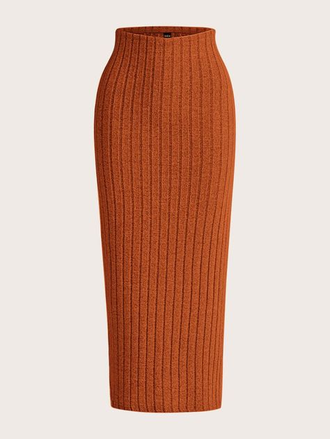 SHEIN EZwear High Waist Ribbed Knit Skirt Orange Skirt Outfit, Ribbed Knit Skirt, Knit Skirt Pattern, Maxi Pencil Skirt, Smocked Skirt, Ribbed Skirt, Stylish Work Attire, Pencil Skirt Outfits, Knit Maxi Skirt