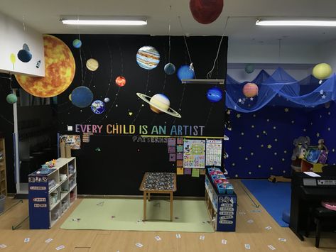 #solar system, #space theme , #classroom decoration Montessori, Outer Space Themed Classroom, Space Theme Classroom, Space Theme Preschool, Decoration Creche, Space Preschool, Elementary Classroom Themes, Space Classroom, Science Classroom Decorations