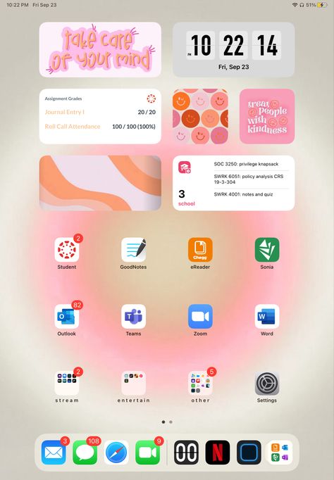 Organisation, Asethic Ipad Homescreen, Ipad 16 Ios, Pink Aesthetic Ipad Widget, Ipad Organisation Aesthetic, Ipad Wallpaper Organization, Ipad Set Up Ideas Homescreen School, Ipad Homescreen Ideas Vertical, Minimalist Ipad Layout