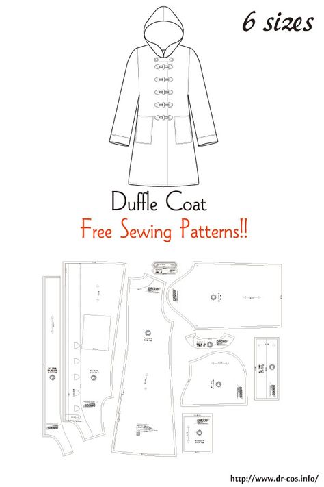 This is the pattern of a Duffle Coat. cm size(A4 size) Children's-100,120,140/Ladies'-S,M,L Ladies Jacket Pattern Sewing, Free Raincoat Pattern, Ladies Coat Pattern, Free Coat Pattern, Coat Patterns Free, Coat Patterns Sewing Women Free, Coat Free Pattern, Hooded Coat Pattern, Trench Coat Pattern