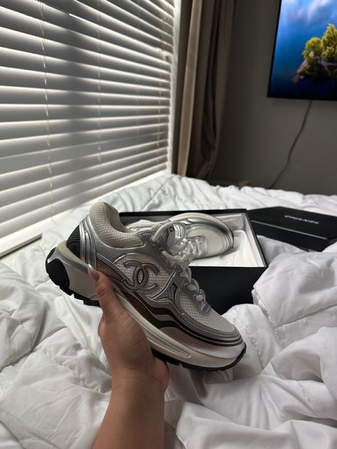 Silver Chanel Sneakers Outfit, Chanel Silver Sneakers, Chanel Sneakers Silver, Silver Chanel Sneakers, Chanel Sneakers Outfit Black Women, Chanel Trainers Outfit, Chanel Sneakers Outfit, Chanel Runners, Chrome Sneakers