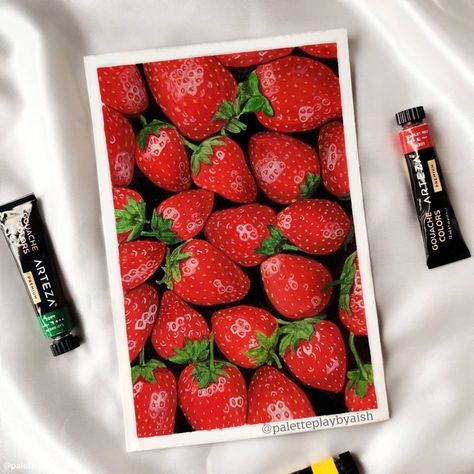 Our "berry" favorite thing to paint is food! Then when we get done we get to have a snack. 🍓 Next time you're looking for something that inspires you, think of your favorite summertime snack, and paint that. Just don't forget to have some on hand for when you get hungry. 😉 Made with: Arteza Premium Gouache Paints Art by: @tatjanka1 Gouache Fruit Paintings, Gouache Food, Gauche Art, Thing To Paint, Gauche Painting, Summertime Snacks, Gouache Color, Gouache Paints, Gouache Paint