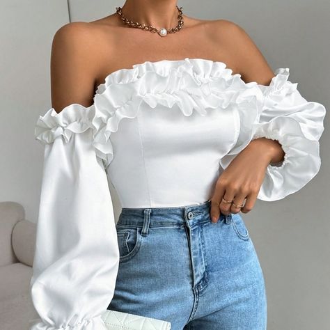 Off-The-Shoulder Ruffle Trim Blouse Couture, White Shirt Puffy Sleeves, White Off Shoulder Top Outfits Classy, Ruffled Blouse Outfit, White Off The Shoulder Top Outfit, Puffy Sleeve Top Outfit, Fancy White Tops, Bohemian Picnic, Shoulder Tops Outfit