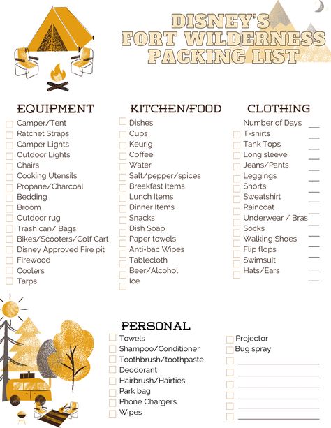 Disney’s Fort Wilderness Campground - Packing list Cabin Packing List, Disney Fort Wilderness, Disney Fort Wilderness Campground, Fort Wilderness Cabins, Fort Wilderness Campground, Outdoor Snacks, Disney Fort Wilderness Resort, Fort Wilderness Disney, Disney Camping