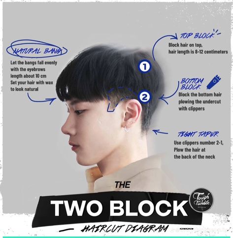 Two block men’s haircut/hairstyle (Korean) Balayage, Haircut Diagram, Asian Men Short Hairstyle, Haircut Reference, Block Haircut, Hair Tips For Men, Hairstyle Korean, Two Block Haircut, Men Hair Highlights