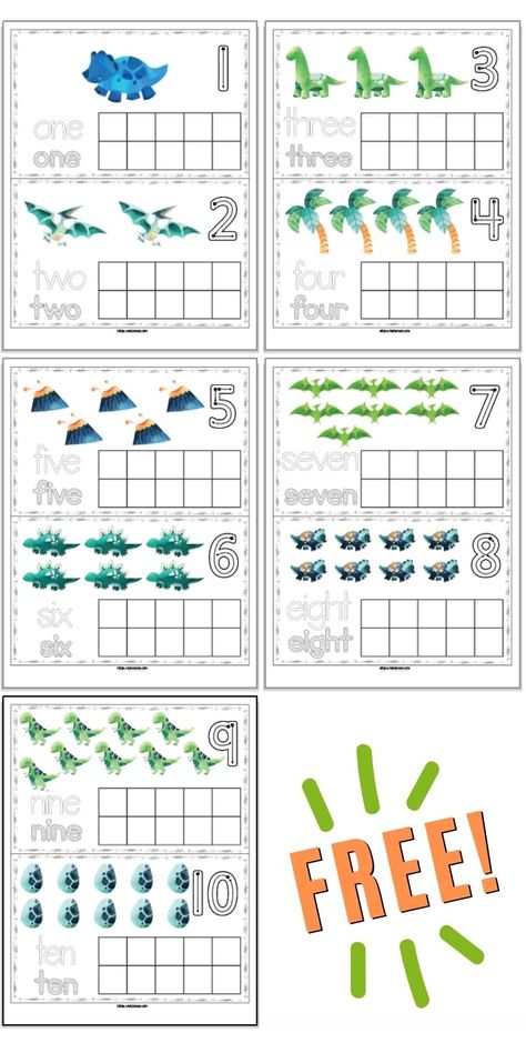 Tens Frame Kindergarten Free Printable, Preschool Learning Activities Numbers, Dinosaur Counting Preschool, How Do Dinosaurs Count To Ten Activities, Counting Dinosaurs Preschool, Dinosaur Preschool Math Activities, Dinosaur Number Activities, Math Preschool Activities Printables, Dinosaur Theme Kindergarten