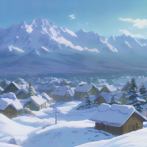 Japanese Snow Village, Snowy Anime Aesthetic, Winter Ghibli Wallpaper, Studio Ghibli Winter Wallpaper, Studio Ghibli Town Aesthetic, Winter Studio Ghibli, Studio Ghibli Village, Snowy Village Art, Studio Ghibli Winter Aesthetic