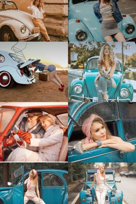 Tumblr, Vw Beetle Photoshoot, Vw Bug Photoshoot, Beetle Photoshoot, Retro Car Photoshoot, Beetle Girl, Classic Car Photoshoot, Car Modeling, Retro Photoshoot