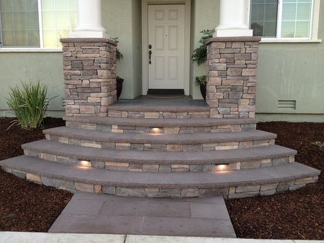 Front Entry Steps Ideas, Stairs Design Outdoor Front Entry, Front Door Step Ideas, Back Entrance Ideas, Front Yard Stairs Entrance, Wide Front Porch Steps, Entrance Steps Design, Front Steps Stone, Entrance Ideas Outdoor