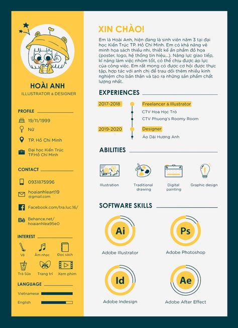 Creative Resume Illustrator, Marketing Cv Template, Illustrator Cv Design, Art Resume Design, Illustrator Resume Design, Cv Inspo Design, Resume Ideas Creative, Curriculum Vitae Design Cv Template Free, Graphic Designer Cv Design