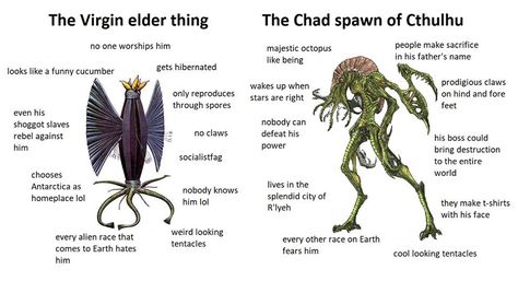 The Virgin elder thing Vs. The Chad spawn of Cthulhu #Lovecraft #memes Lovecraft Memes, Eldritch Abomination, Lovecraft Art, Cthulhu Art, Mountains Of Madness, Lovecraftian Horror, Survival Skills Life Hacks, Arte Alien, Hp Lovecraft