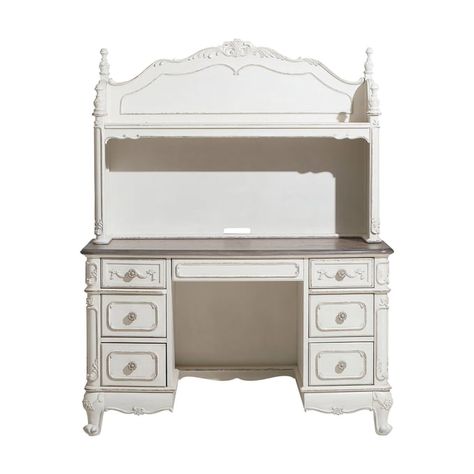 The Cinderella Collection is your little child's dream come true. The Victorian styling incorporates floral motif hardware and traditional carving details on the white with gray rub-through finished desk hutch that will create the feeling of stepping into a fairy tale. Built in shelving allows for display and storage of desk accessories. Chest, mirror, nightstand, TV armoire, lingerie chest, dresser, desk, desk chair, daybed, twin canopy poster bed, twin trundle, full canopy poster bed, twin bed, full bed and queen bed are also available. Kids Writing Desk, Grey Writing Desk, Built In Shelving, Cinderella Collection, White Writing Desk, Victorian Desk, Muebles Shabby Chic, Pretty Rooms, Wood Writing