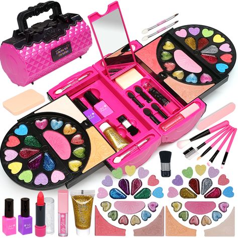 PRICES MAY VARY. 【59PCS Kids Makeup Kit for Girl】: Kids Kids Makeup Kit Toys for Girls with almost all needed for Makeup，Lipgloss and nail arts, including 14 eye shadows,8 glitter eyeshadows , 12 lip glosses , 6 blush, 2 lipsticks , 12 makeup brushes, 1 sponge , 2 nail polishes, 1 nail file and glitter GEL. Once girls have this Makeup Toys for Girls, little girls will become the most beautiful princess! 【Safety- Kids Kids Makeup Kit Toys for Girls】 Kids Makeup Kit for Girl is made of high-qualit Kids Make Up Set, Kids Makeup Kit, Birthday Party Goodie Bags, Princess Bedrooms, Minnie Mouse Theme Party, Baby Makeup, Makeup Toys, Unicorn Desserts, Play Makeup