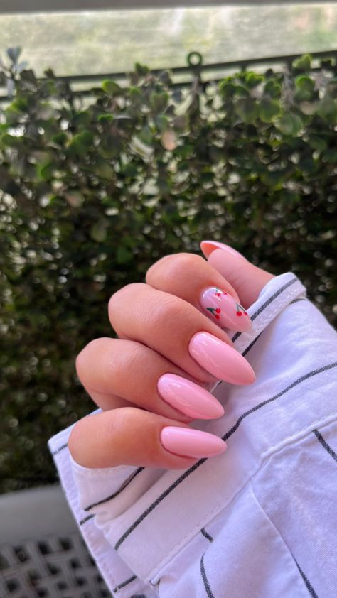 Light Pink Cherry Nails, Purple Cherry Nails, Pink With Cherry Nails, Pink And Cherry Nails, Pink And Red Cherry Nails, Cheery Nail Designs, Pink Flower Nails Almond, Pink Nails With Cherry, James Charles Nails